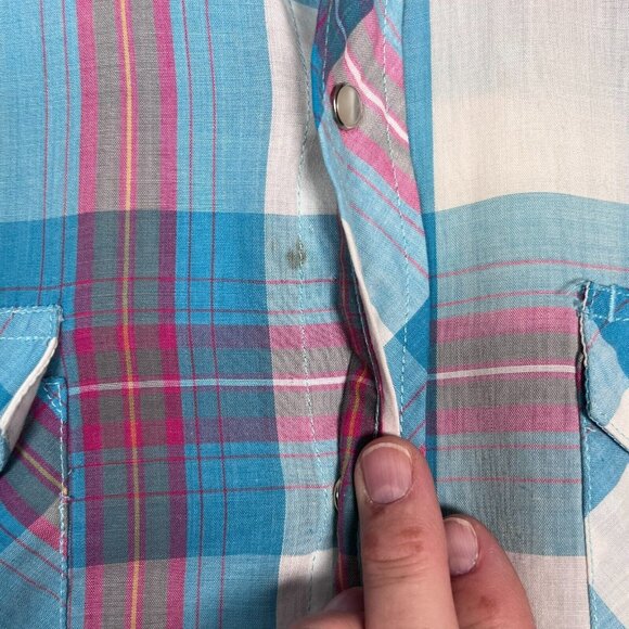 Wrangler Mens Med‎ Western Pearl Snap Short Sleeve Shirt Blue Red Plaid Grandpa - Picture 6 of 13